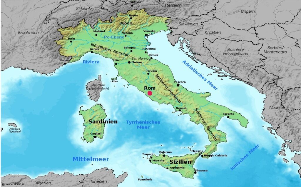 Karten von Italien mit Straßenkarte von Rom und Sehenswürdigkeiten