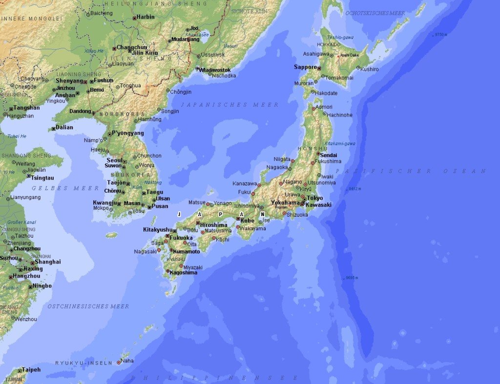 Karten von Japan und Tokio mit Straßenkarte, Regionen, Prefekturen und Inseln