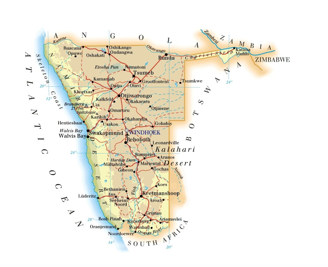 Karten Von Namibia Mit Strassenkarte Und Sehenswurdigkeiten