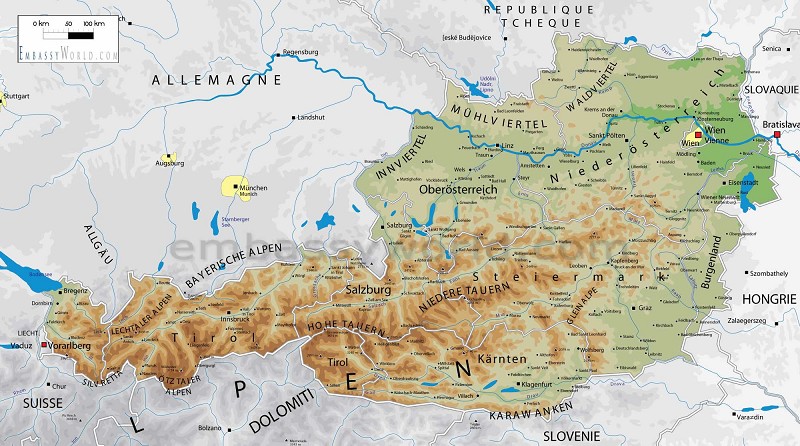 Karten von Österreich mit Straßen und Wanderwegen