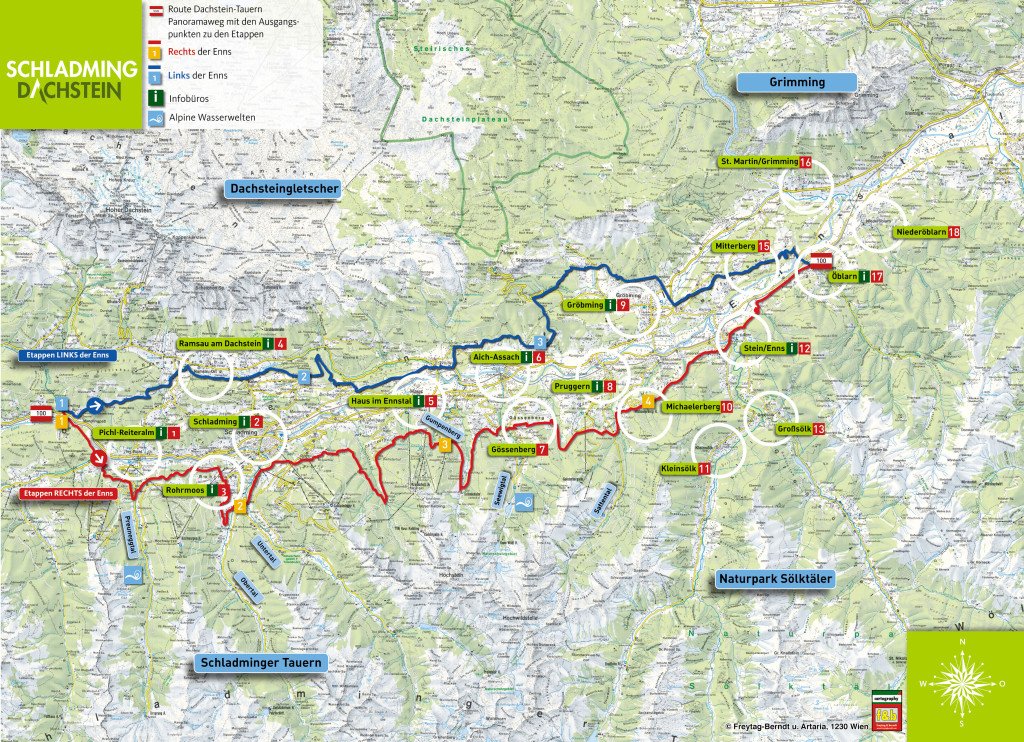 Karten von Österreich mit Straßen und Wanderwegen