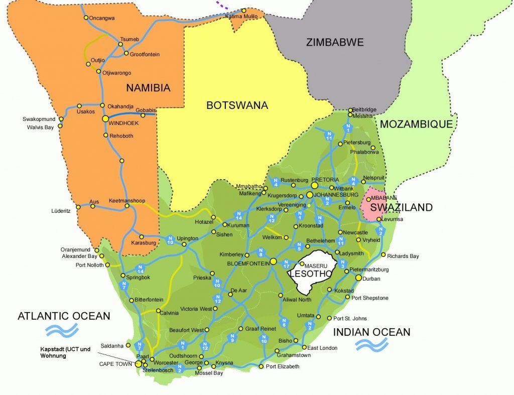 Karten von Südafrika mit Straßenkarte und Regionen