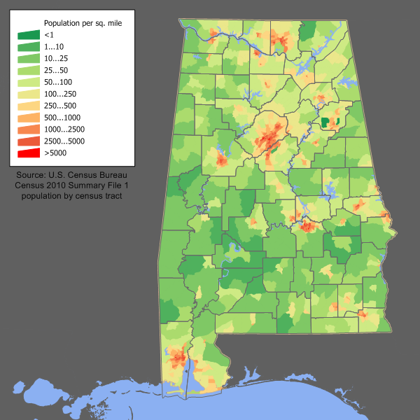 USA Karte Alabama Bevoelkerungsdichte
