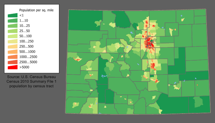 Karte Colorado Bevoelkerungsdichte