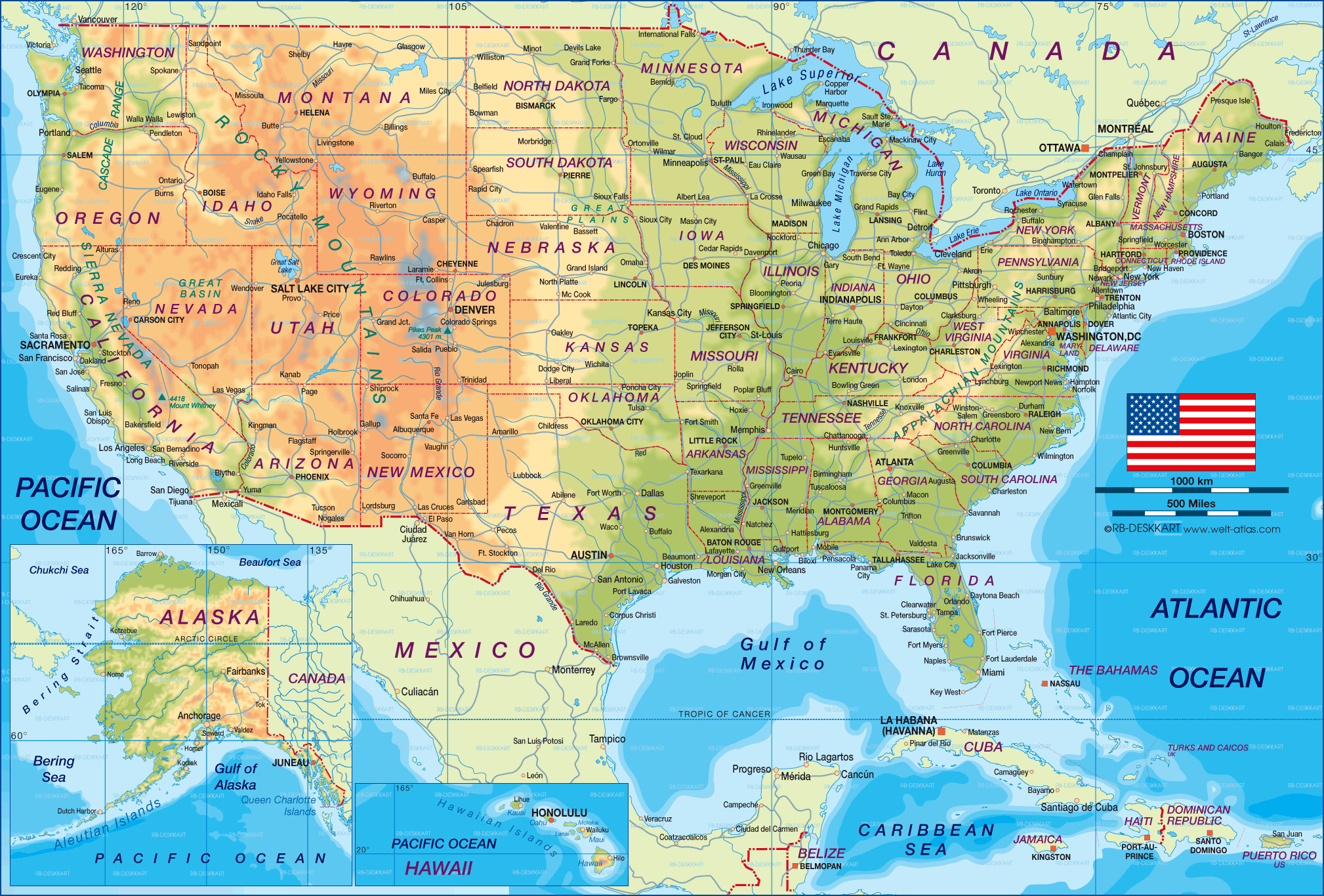 Karten USA mit Straßenkarte und Bevölkerungsdichte Bundesstaaten